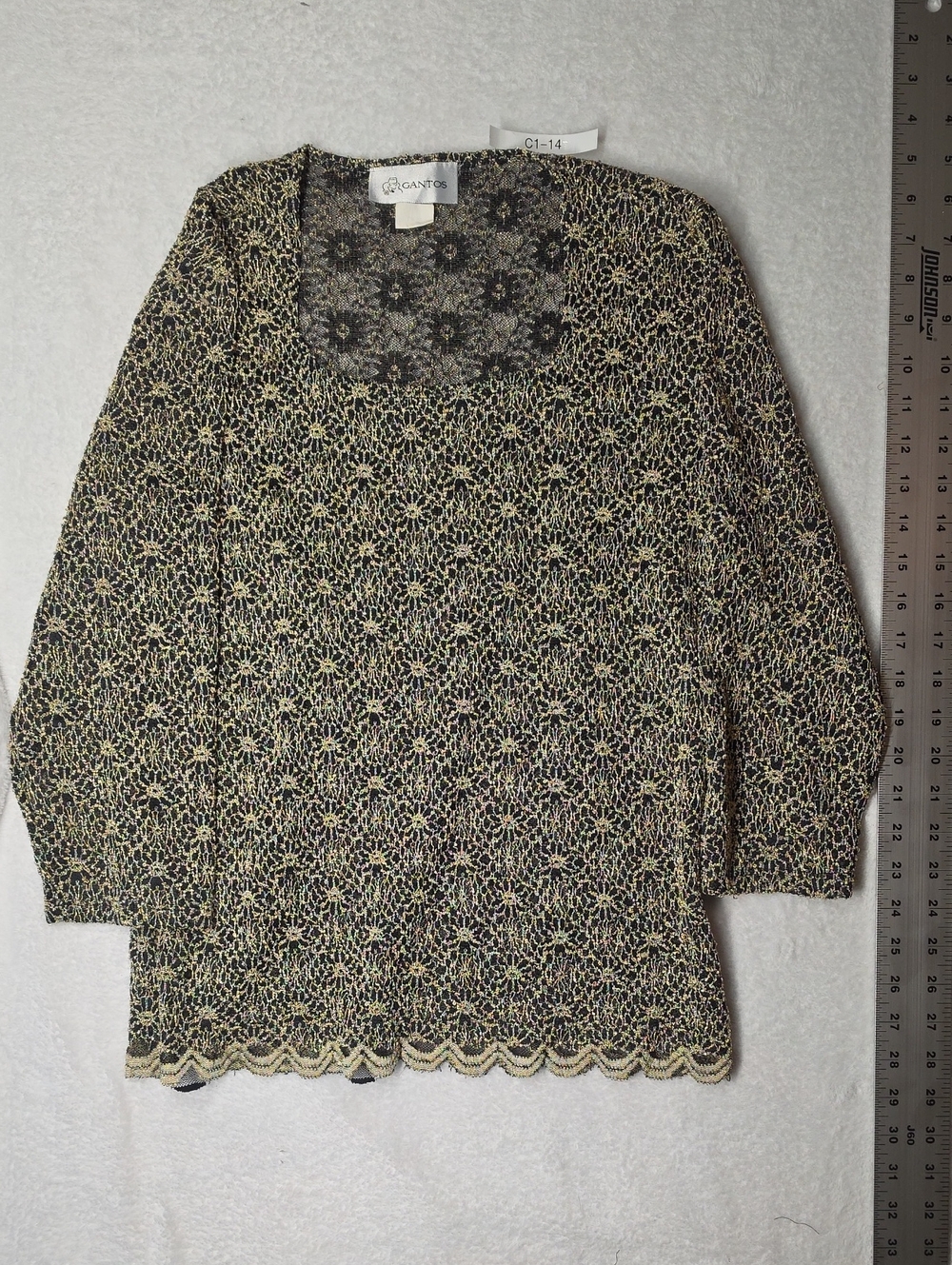 Gantos Black and Cream Floral Lace Knit Scoop Neck Sweater